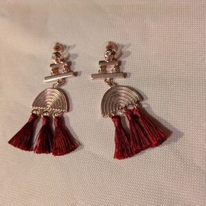 Happy Hanukkah Red Tassels Pierced Gold Earrings
